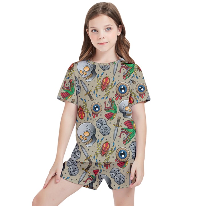 Tattoo Pattern Kids  Tee and Sports Shorts Set