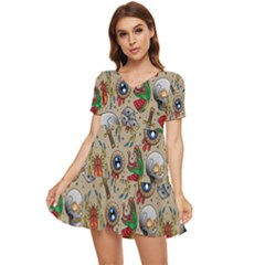 Tattoo Pattern Tiered Short Sleeve Babydoll Dress