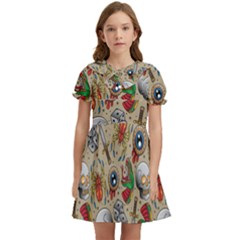 Tattoo Pattern Kids  Bow Tie Puff Sleeve Dress by Wegoenart