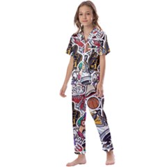 Vintage College Colorful Seamless Pattern Kids  Satin Short Sleeve Pajamas Set by Wegoenart