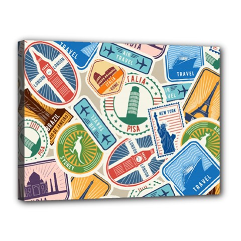 Travel Pattern Immigration Stamps Stickers With Historical Cultural Objects Travelling Visa Immigran Canvas 16  X 12  (stretched) by Wegoenart