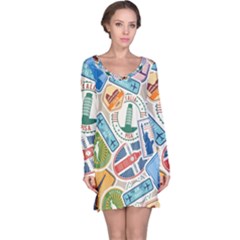 Travel Pattern Immigration Stamps Stickers With Historical Cultural Objects Travelling Visa Immigran Long Sleeve Nightdress by Wegoenart