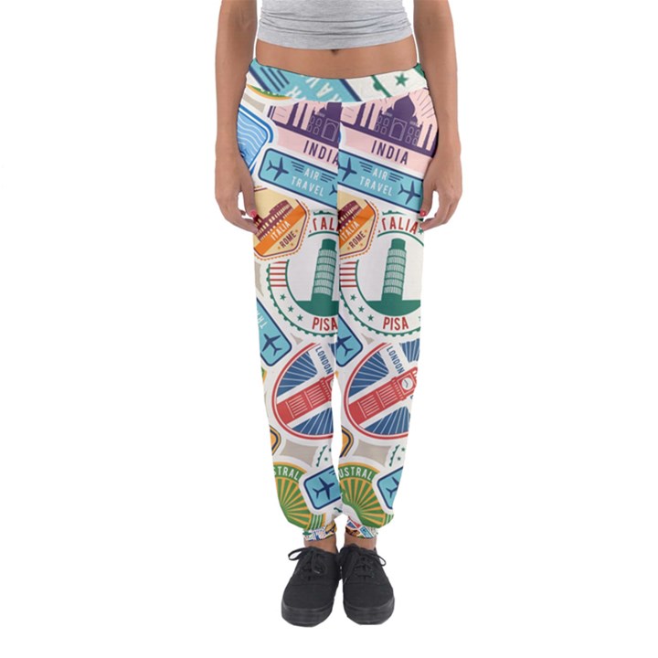 Travel Pattern Immigration Stamps Stickers With Historical Cultural Objects Travelling Visa Immigran Women s Jogger Sweatpants