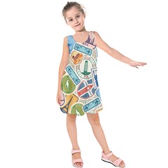 Travel Pattern Immigration Stamps Stickers With Historical Cultural Objects Travelling Visa Immigran Kids  Sleeveless Dress by Wegoenart