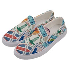 Travel Pattern Immigration Stamps Stickers With Historical Cultural Objects Travelling Visa Immigran Men s Canvas Slip Ons by Wegoenart