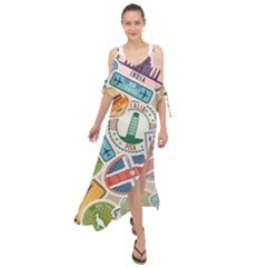 Travel Pattern Immigration Stamps Stickers With Historical Cultural Objects Travelling Visa Immigran Maxi Chiffon Cover Up Dress by Wegoenart