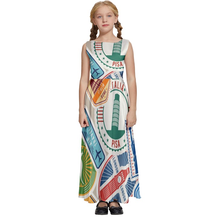 Travel Pattern Immigration Stamps Stickers With Historical Cultural Objects Travelling Visa Immigran Kids  Satin Sleeveless Maxi Dress