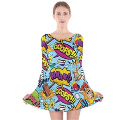 Comic Elements Colorful Seamless Pattern Long Sleeve Velvet Skater Dress by Wegoenart