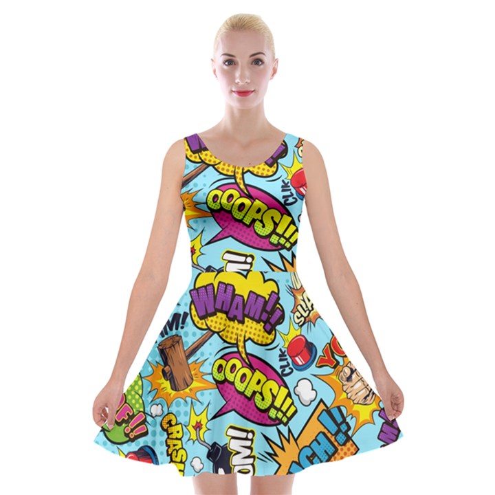 Comic Elements Colorful Seamless Pattern Velvet Skater Dress