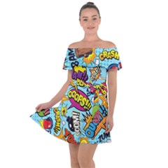 Comic Elements Colorful Seamless Pattern Off Shoulder Velour Dress by Wegoenart