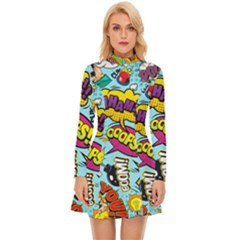 Comic Elements Colorful Seamless Pattern Long Sleeve Velour Longline Dress by Wegoenart