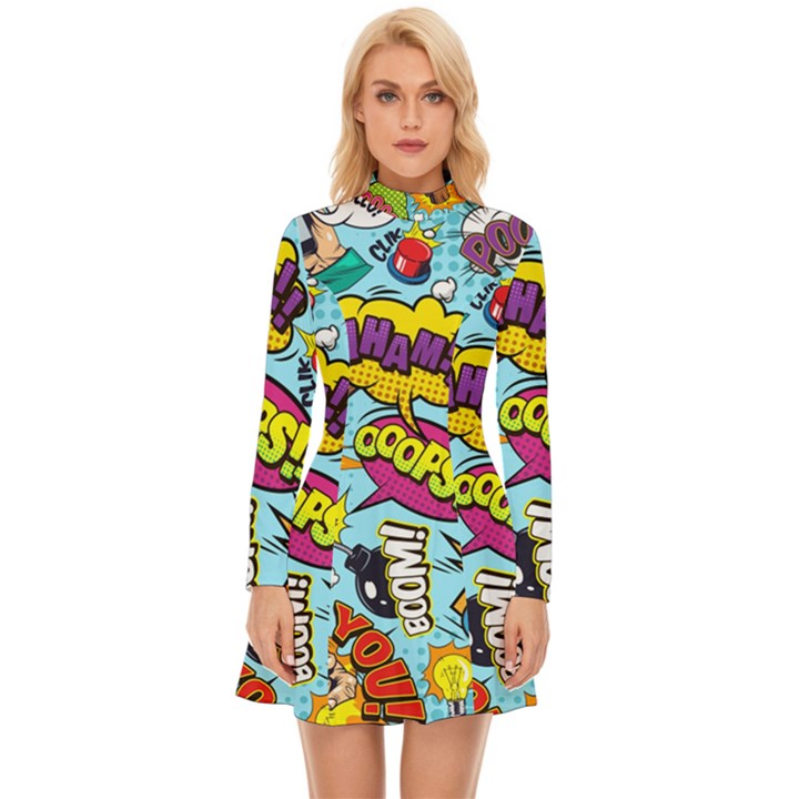 Comic Elements Colorful Seamless Pattern Long Sleeve Velour Longline Dress