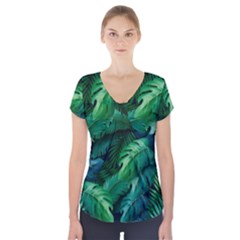 Tropical Green Leaves Background Short Sleeve Front Detail Top by Wegoenart