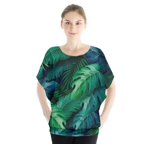 Tropical Green Leaves Background Batwing Chiffon Blouse by Wegoenart