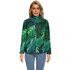 Tropical Green Leaves Background Women s Puffer Bubble Jacket Coat by Wegoenart