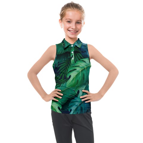 Tropical Green Leaves Background Kids  Sleeveless Polo Tee by Wegoenart