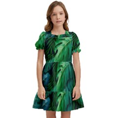 Tropical Green Leaves Background Kids  Puff Sleeved Dress by Wegoenart