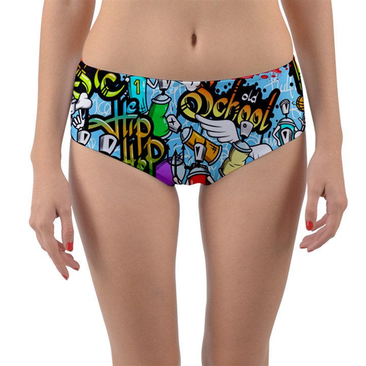 Graffiti Characters Seamless Patterns Reversible Mid-Waist Bikini Bottoms