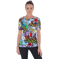 Graffiti Characters Seamless Patterns Shoulder Cut Out Short Sleeve Top by Wegoenart