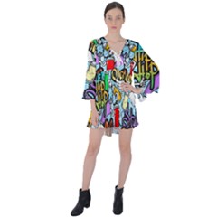 Graffiti Characters Seamless Patterns V-neck Flare Sleeve Mini Dress by Wegoenart