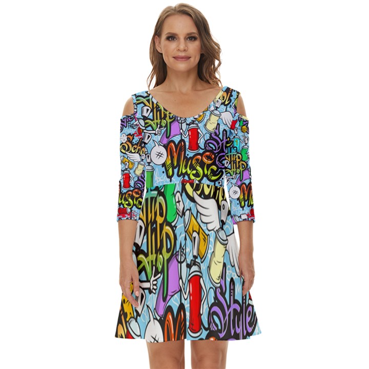 Graffiti Characters Seamless Patterns Shoulder Cut Out Zip Up Dress