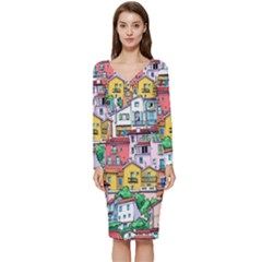 Menton Old Town France Long Sleeve V-neck Bodycon Dress  by Wegoenart