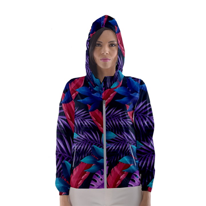 Background With Violet Blue Tropical Leaves Women s Hooded Windbreaker