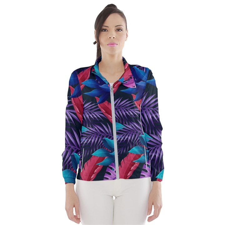 Background With Violet Blue Tropical Leaves Women s Windbreaker