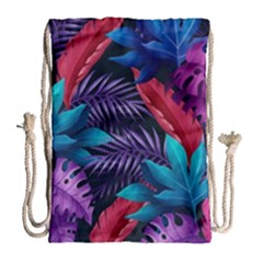 Background With Violet Blue Tropical Leaves Drawstring Bag (large) by Wegoenart