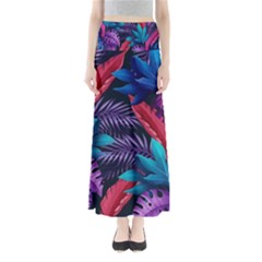 Background With Violet Blue Tropical Leaves Full Length Maxi Skirt by Wegoenart