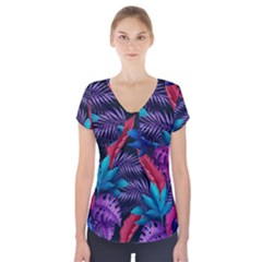 Background With Violet Blue Tropical Leaves Short Sleeve Front Detail Top by Wegoenart