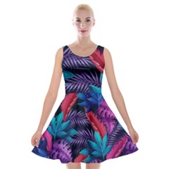 Background With Violet Blue Tropical Leaves Velvet Skater Dress by Wegoenart