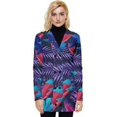 Background With Violet Blue Tropical Leaves Button Up Hooded Coat  by Wegoenart