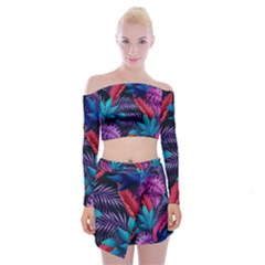 Background With Violet Blue Tropical Leaves Off Shoulder Top With Mini Skirt Set by Wegoenart