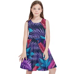 Background With Violet Blue Tropical Leaves Kids  Skater Dress