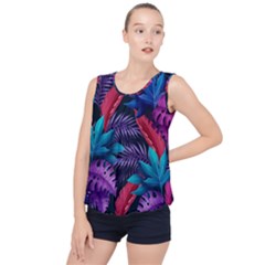 Background With Violet Blue Tropical Leaves Bubble Hem Chiffon Tank Top