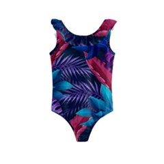 Background With Violet Blue Tropical Leaves Kids  Frill Swimsuit by Wegoenart