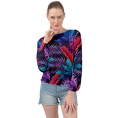 Background With Violet Blue Tropical Leaves Banded Bottom Chiffon Top by Wegoenart