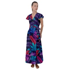 Background With Violet Blue Tropical Leaves Flutter Sleeve Maxi Dress