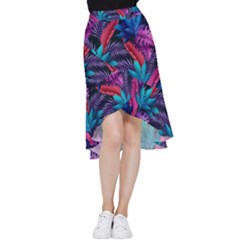 Background With Violet Blue Tropical Leaves Frill Hi Low Chiffon Skirt by Wegoenart