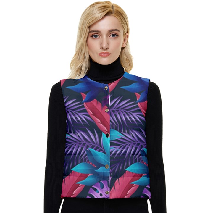 Background With Violet Blue Tropical Leaves Women s Short Button Up Puffer Vest