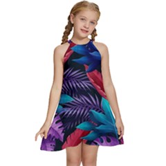 Background With Violet Blue Tropical Leaves Kids  Halter Collar Waist Tie Chiffon Dress