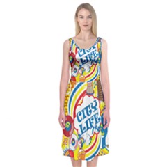 Colorful City Life Horizontal Seamless Pattern Urban City Midi Sleeveless Dress by Wegoenart