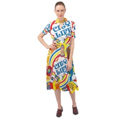 Colorful City Life Horizontal Seamless Pattern Urban City Keyhole Neckline Chiffon Dress by Wegoenart