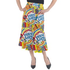 Colorful City Life Horizontal Seamless Pattern Urban City Midi Mermaid Skirt by Wegoenart