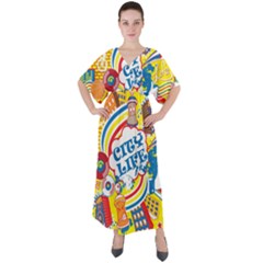 Colorful City Life Horizontal Seamless Pattern Urban City V-neck Boho Style Maxi Dress by Wegoenart