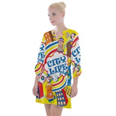 Colorful City Life Horizontal Seamless Pattern Urban City Open Neck Shift Dress by Wegoenart