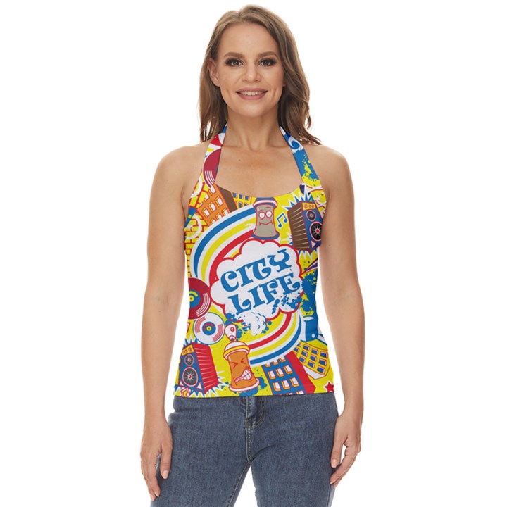 Colorful City Life Horizontal Seamless Pattern Urban City Basic Halter Top