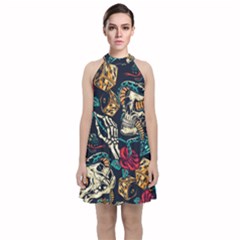 Vintage Art Tattoos Colorful Seamless Pattern Velvet Halter Neckline Dress 