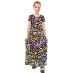 Graffiti Word Seamless Pattern Kids  Short Sleeve Maxi Dress by Wegoenart